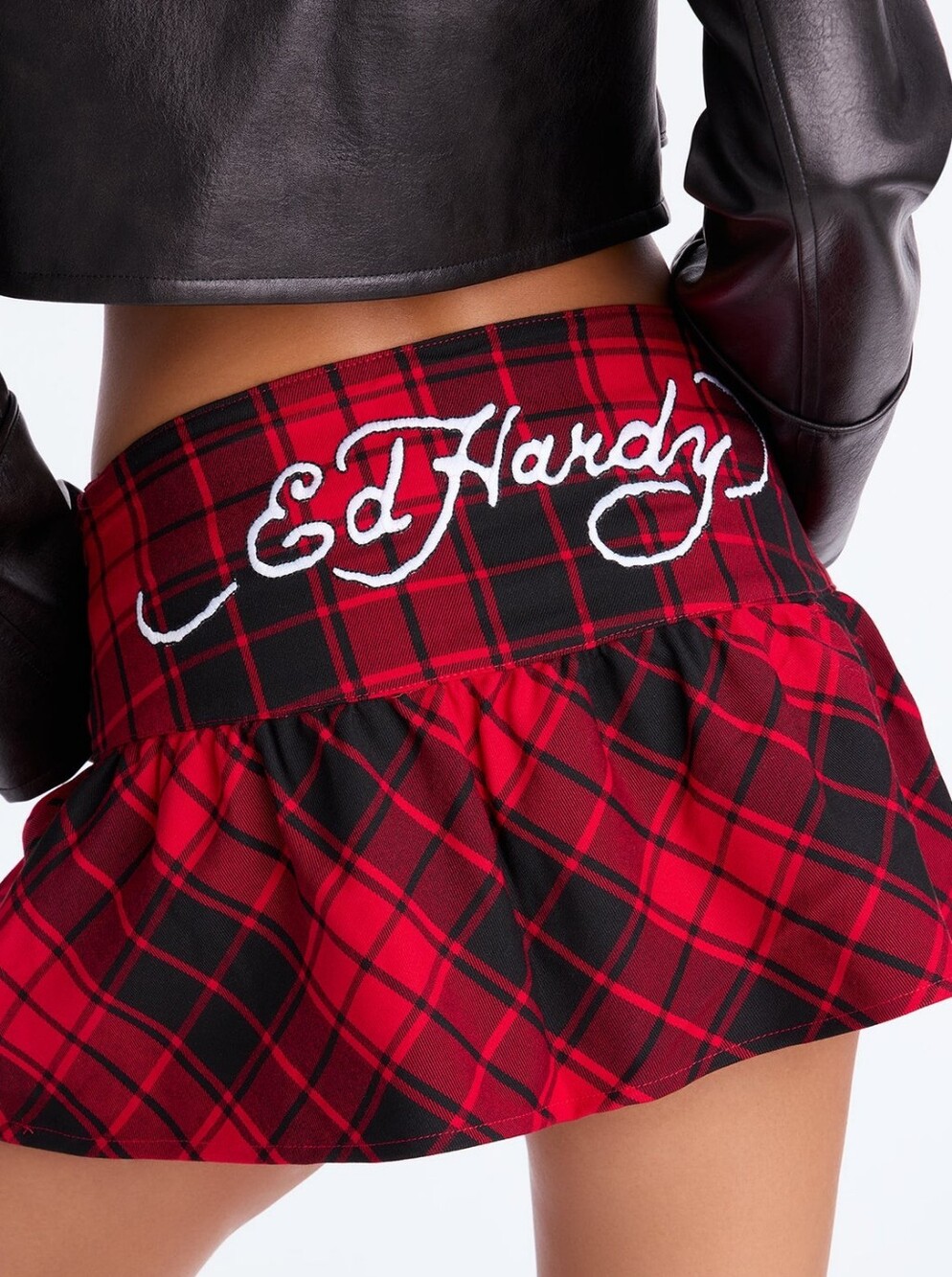 ED HARDY Plaid Mini Skirt Y2K Embroidered DRAGON WOMEN'S LARGE